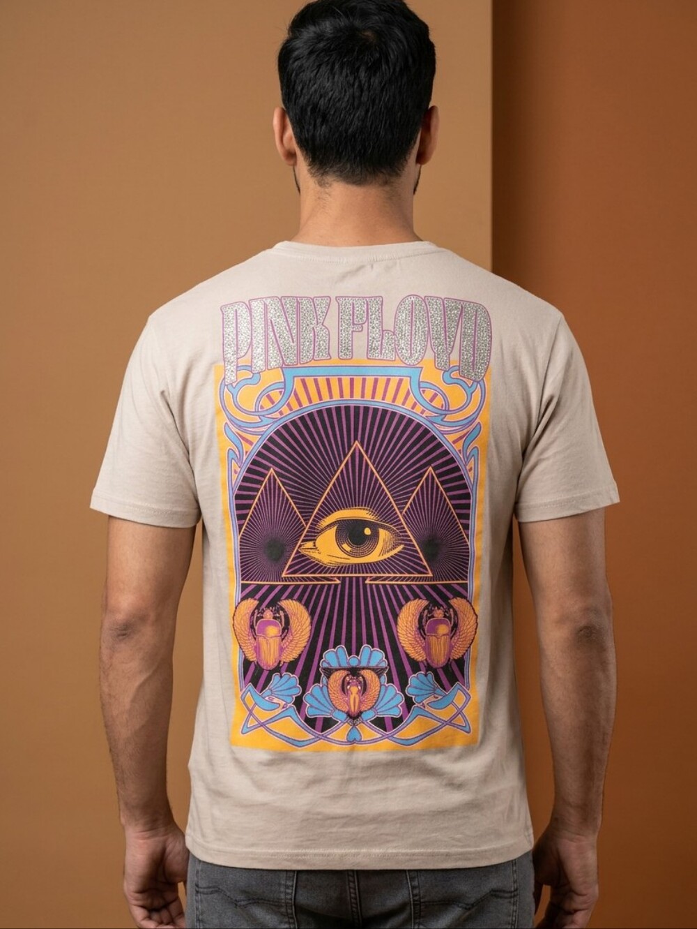 Pink Floyd Light Beige Graphic Tee with Pyramid Eye Chest Print